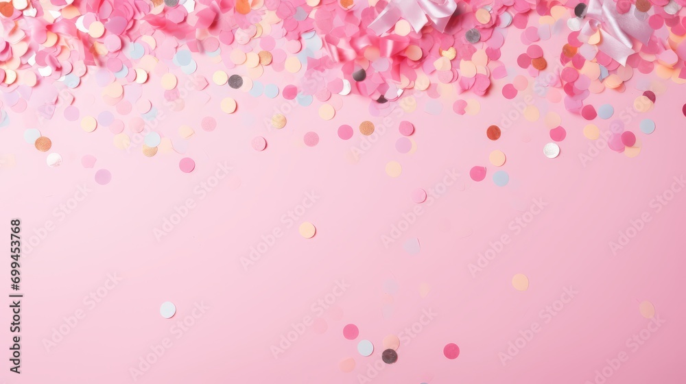 Vibrant confetti and sparkles on pink pastel background - festive frame with copy space, celebration concept