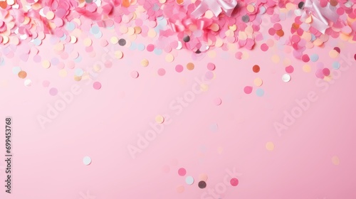 Vibrant confetti and sparkles on pink pastel background - festive frame with copy space, celebration concept