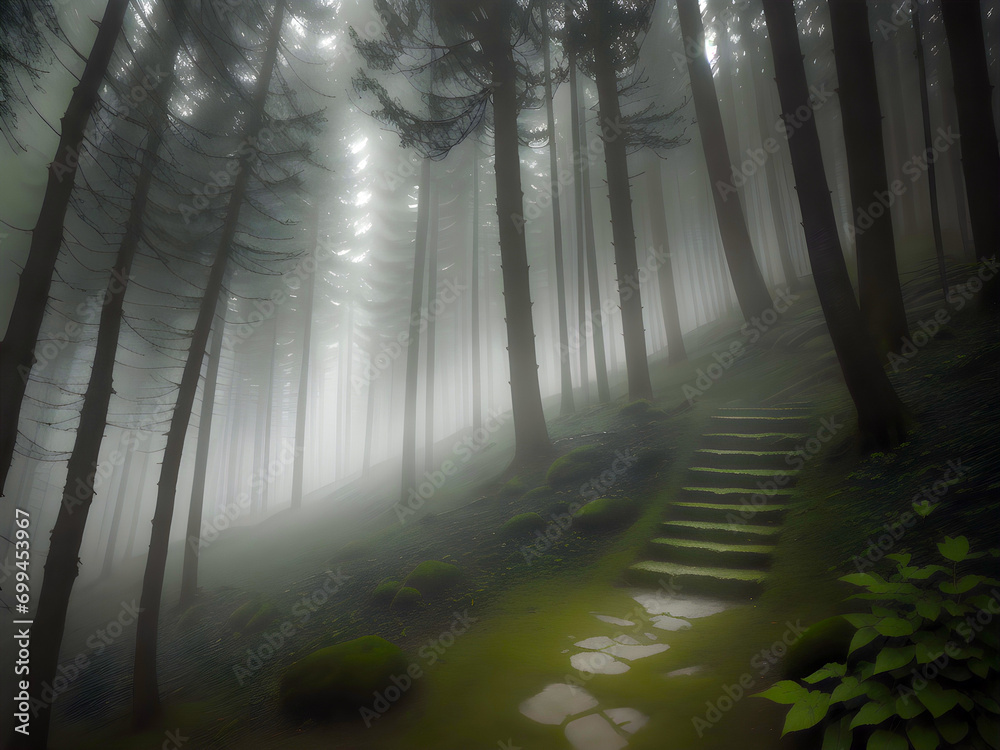 Mysterious stairs in gloomy forest