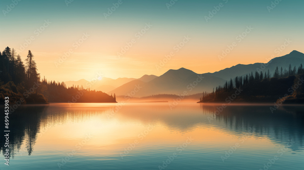 sunrise over a lake and mountains in the morning, in the style of light teal and light amber, naturalist aesthetic, whistlerian, historical imagery, light amber and