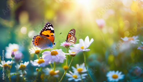 Vivid summer scene: Colorful flowers and butterflies bask in sun rays amidst stunning natural beauty