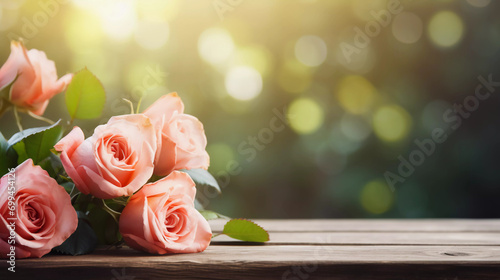 beautiful rose flowers on a wooden table and blurred background - copy space 