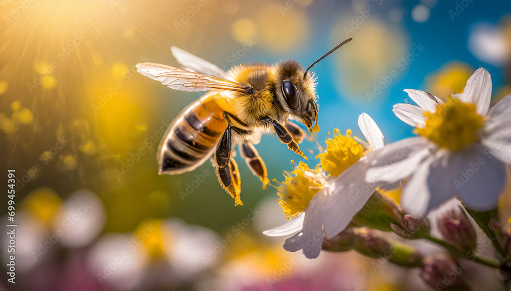 Close up of a bee on a colorful flower collecting pollen and nectar on a sunny day. ai generated - obrazy, fototapety, plakaty 