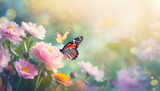 Vivid summer scene: Colorful flowers and butterflies bask in sun rays amidst stunning natural beauty