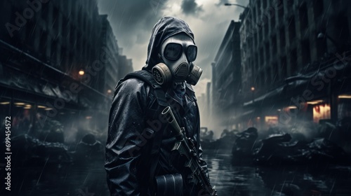 In a desolate cityscape, a man in a gas mask and protective suit symbolizes the aftermath of war and destruction. photo
