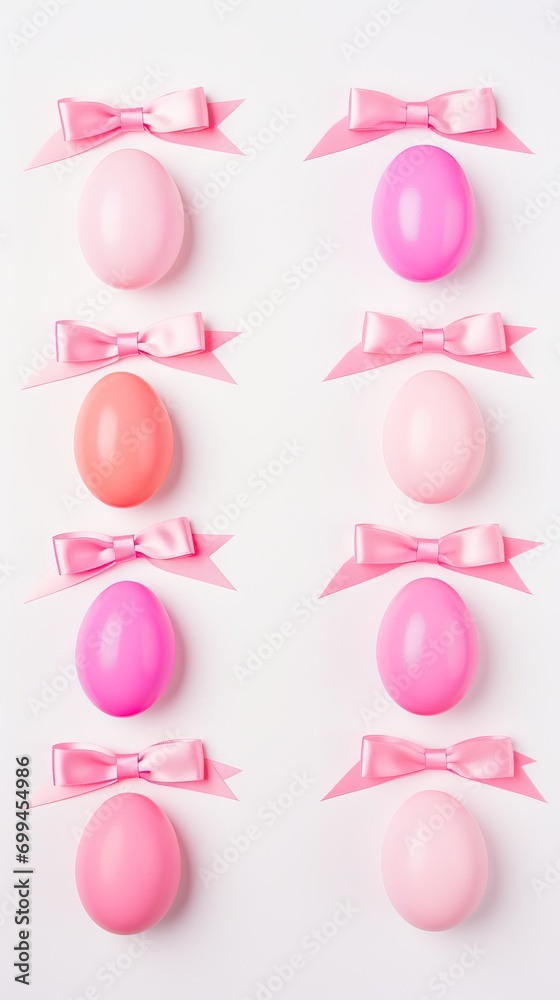 Pattern of pink and magenta Easter eggs tied with satin bows on a white background