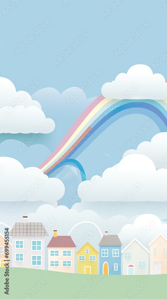 Artistic depiction of a colorful rainbow over stylized cartoon houses Artistic depiction of a colorful rainbow over stylized cartoon houses