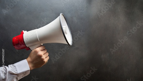 Hand holding white megaphone, dark background