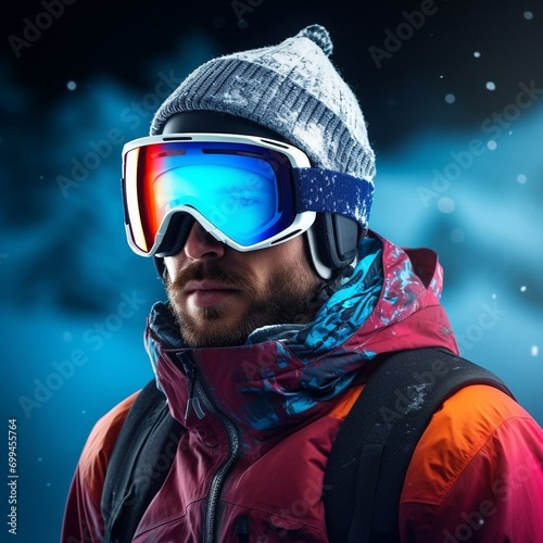 young man in ski equipment against a background of snow-capped mountains