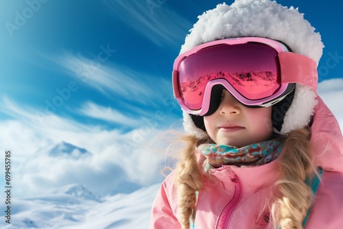 little girl in ski equipment against the backdrop of snow-capped mountains