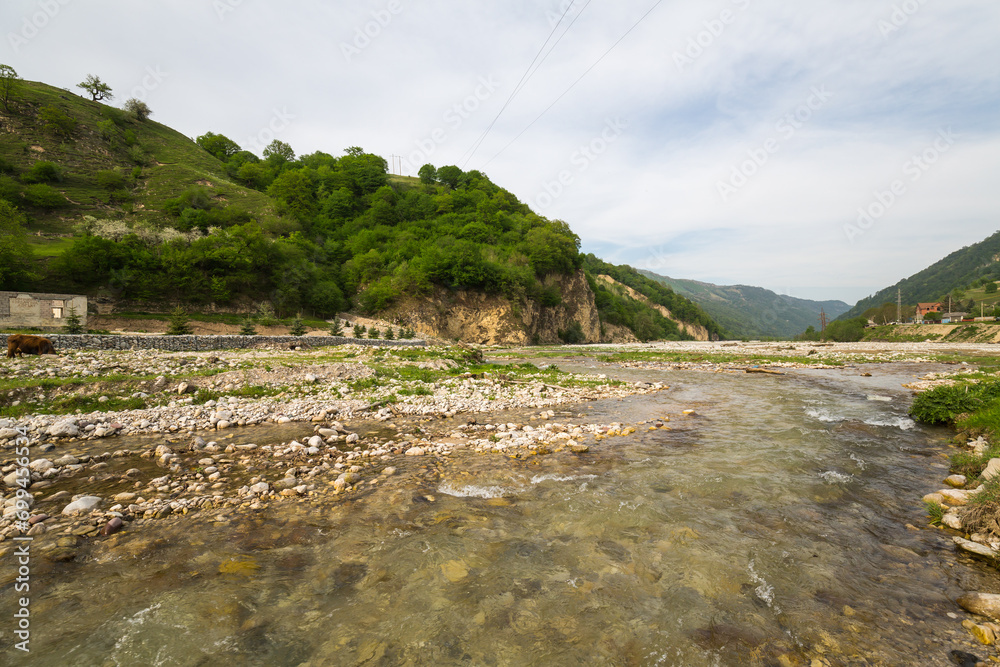 Panoramic view of Cherek river in the Caucasus mountains