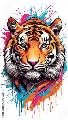 tiger on the background of colored spots of paint. White background. Print on t-shirts