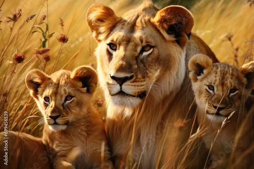 Lioness with Large Mane Playing with Cubs in Tall Grass, Warm Family Scene