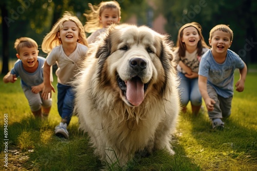 Cheerful Playtime: Large Affable Dog Enjoying Time with Children in the Park