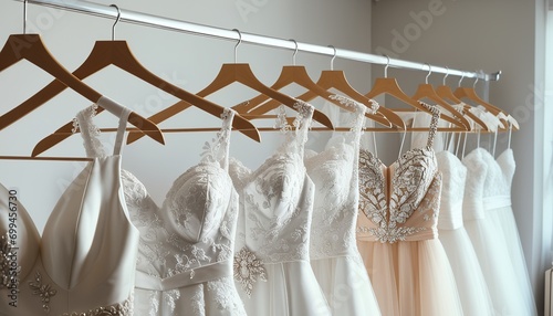 Elegant Bridal Dress on Hangers in Boutique Salon photo