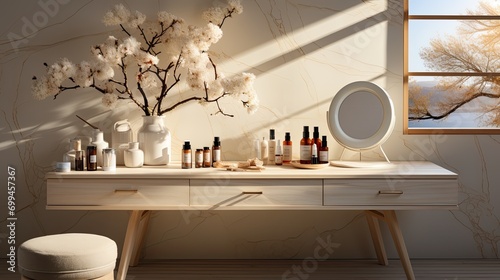 Minimalist beige dressing table, round vanity mirror in cream wall