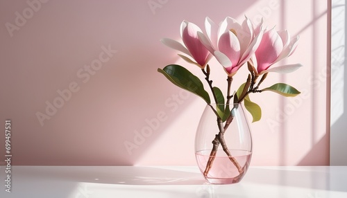 Sunlit Pink Magnolia in Glass Vase  A Touch of Elegance