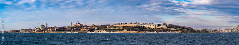 Panoramic view of Topkapi Palace, Hagia Sophia Mosque and Sultanahmet Mosque in the historical peninsula of Istanbul.