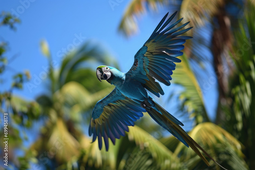 The vibrant Spix's Macaw in flight against a backdrop of clear blue skies and lush tropical foliage