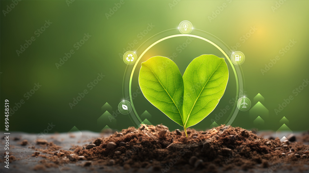 Green plant growing in soil with green nature background. Renewable eco energy concept. - obrazy, fototapety, plakaty 