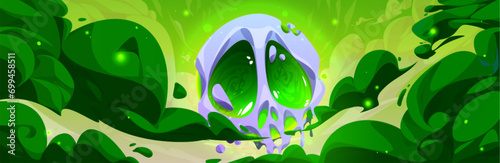 Magic toxic background with green clouds and steam around skull shaped orb or portal with neon glowing plasma. Cartoon game vector illustration of fantasy spooky danger entrance with mystery gas.