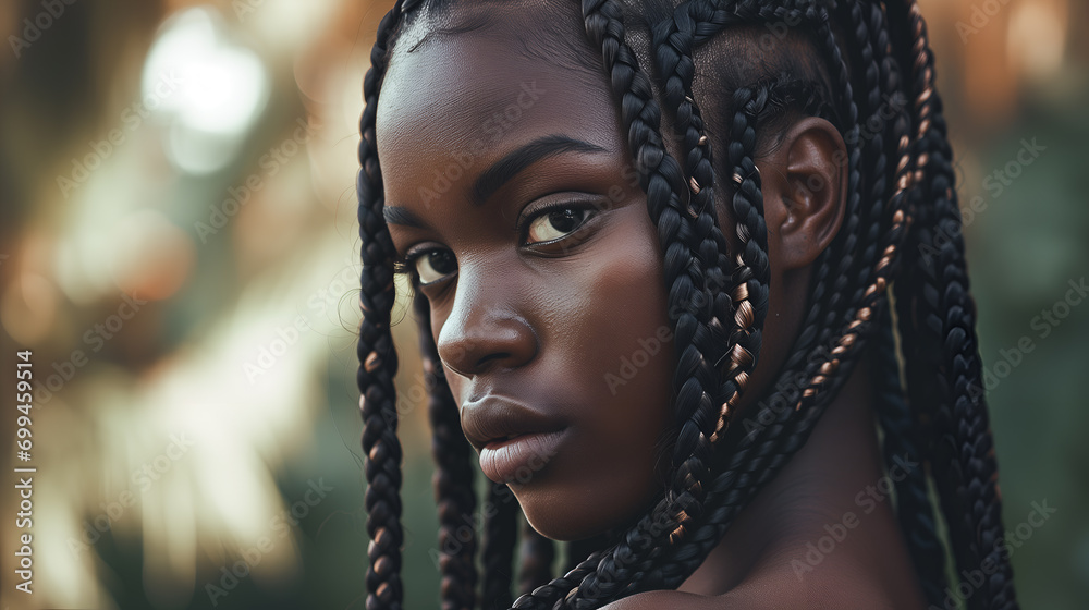 Close-up of Box Braids Hairstyle, young attractive model Close-up of Box Braids Hairstyle, young attractive model