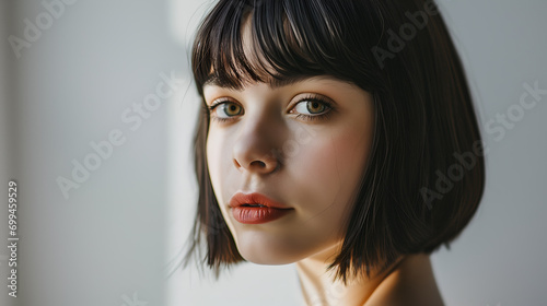 Close-up of Bob with Bangs Hairstyle, young attractive model photo