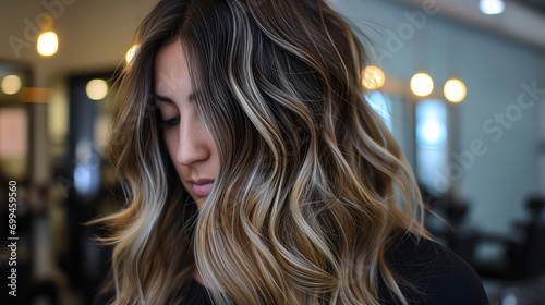 Close-up of Balayage Waves Hairstyle, young attractive model