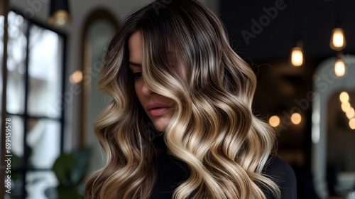 Close-up of Balayage Waves Hairstyle, young attractive model