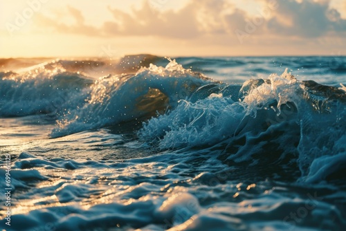 A detailed view of a wave in the ocean. This image can be used to depict the power and beauty of nature