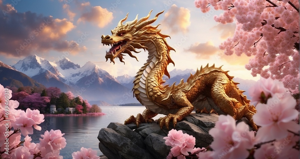 A majestic golden Chinese dragon soaring amidst cherry blossom clouds over a tranquil mountain lake, illuminated by a setting sun. hyper-realistic, lifelike, ultra-detailed, Wide-angle  -Generative Ai - obrazy, fototapety, plakaty 