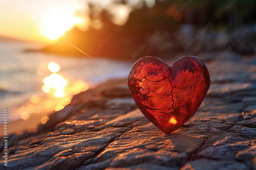 Fototapeta premium A red heart sits on top of a rock next to the ocean. Perfect for expressing love and affection in various romantic and scenic contexts