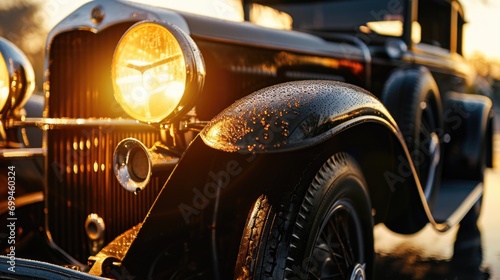 A close-up view of a vintage car with its headlights on. This image can be used to showcase classic cars, automotive history, or as a symbol of nostalgia © Fotograf