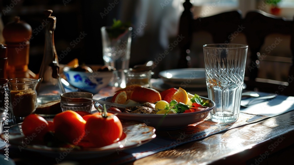 A wooden table adorned with an assortment of mouthwatering dishes. Perfect for showcasing food presentations or creating an inviting atmosphere. A wooden table adorned with an assortment of mouthwatering dishes. Perfect for showcasing food presentations or creating an inviting atmosphere.