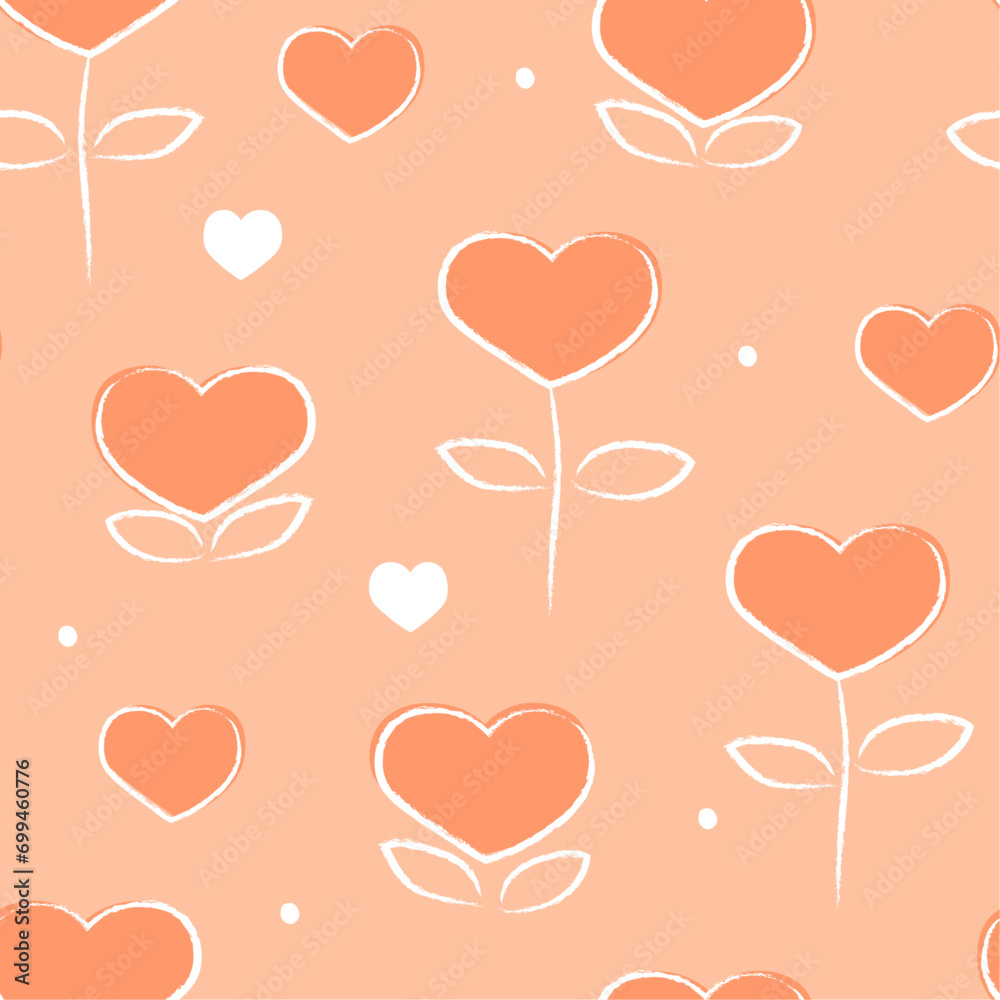 Seamless pattern with abstract hearts, flowers. A simple delicate print for Valentine's Day. Vector line graphics.