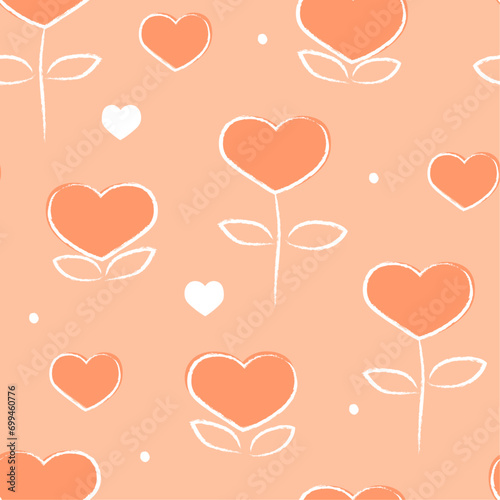 Seamless pattern with abstract hearts, flowers. A simple delicate print for Valentine's Day. Vector line graphics.