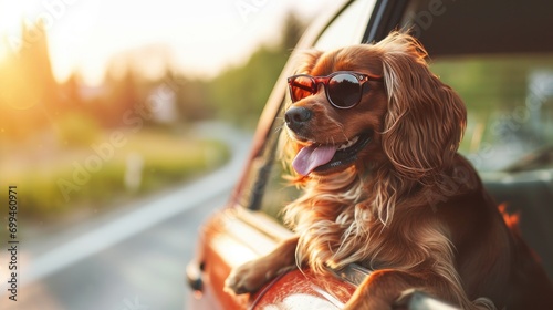 A dog wearing sunglasses sits comfortably in the passenger seat of a car. Perfect for pet lovers and travel enthusiasts photo