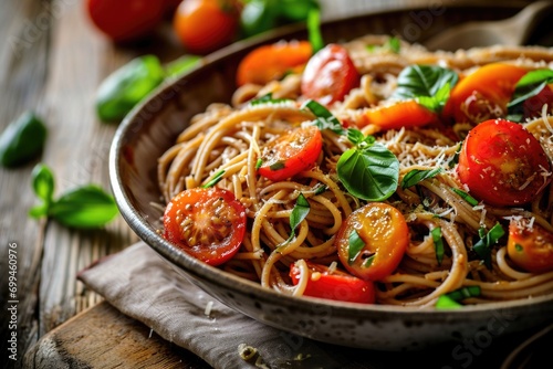 A delicious bowl of spaghetti with ripe tomatoes and fresh basil. Perfect for Italian cuisine or food-related designs