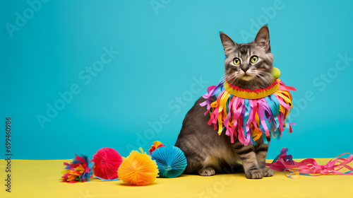 Cat pinata on confetti background	 photo