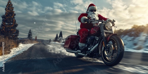 Santa Claus joyfully rides a motorcycle down a snowy road. Perfect for Christmas-themed designs and holiday promotions