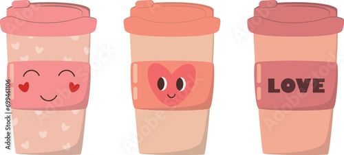 Set of paper coffee cups with cute face and hearts for card, textile, decor, poster. Vector illustration of a glass of coffee. Valentine's Day card.