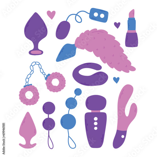 Set of sex toys. Collection of toys for adults. Vector illustration. Flat style. Sex shop set. Erotic elements set. BDSM toys.