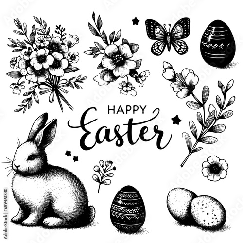 Happy Easter hand sketched Lettering Happy Easter with rabbit basket and eggs with flowers for greeting card, invitation template. Hand drawn for your design