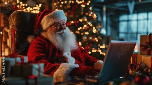 A man dressed as Santa Claus sitting in front of a laptop, working on his computer. This image can be used to represent Santa Claus in a modern, digital context