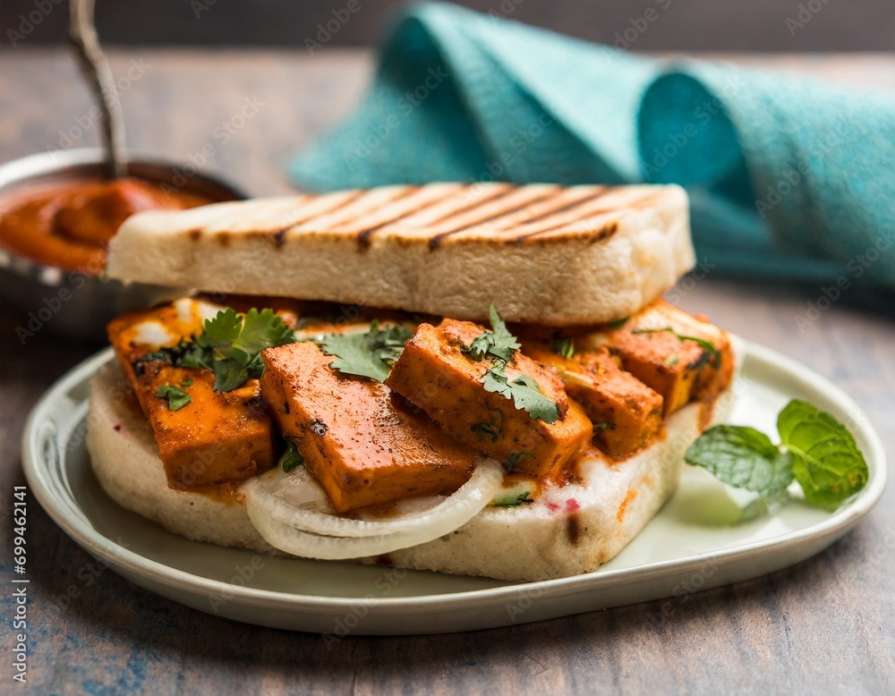 paneer tikka sandwich is a popular indian version of sandwich using cottage cheese curry with tomato ketchup, mint chutney