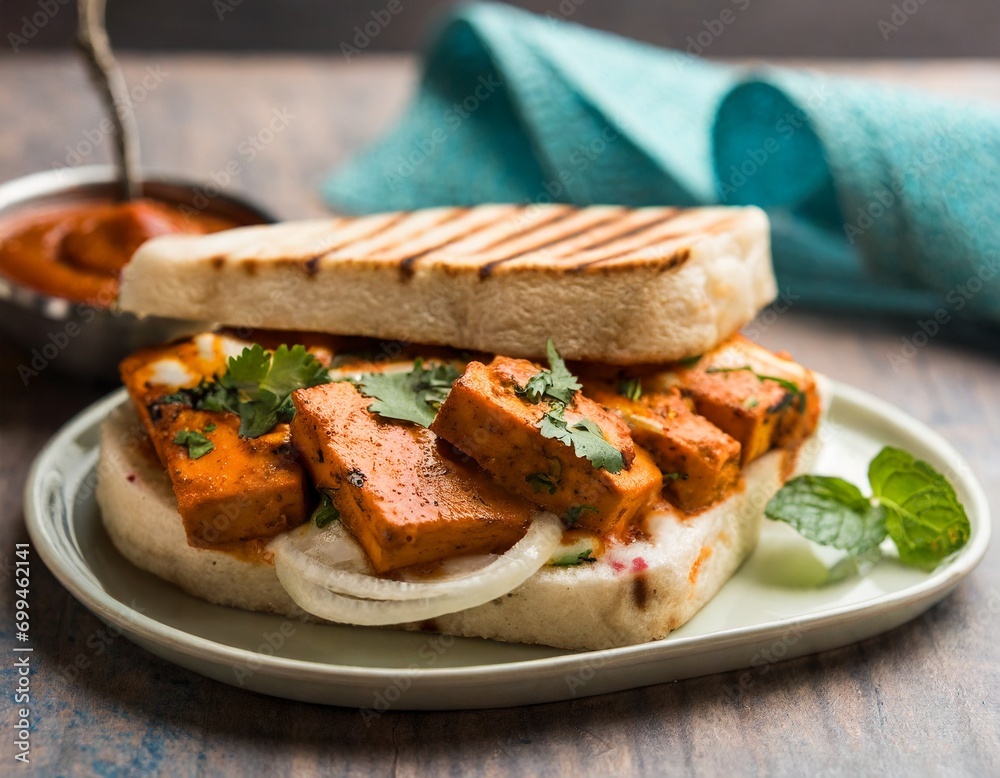 paneer tikka sandwich is a popular indian version of sandwich using cottage cheese curry with tomato ketchup, mint chutney paneer tikka sandwich is a popular indian version of sandwich using cottage cheese curry with tomato ketchup, mint chutney