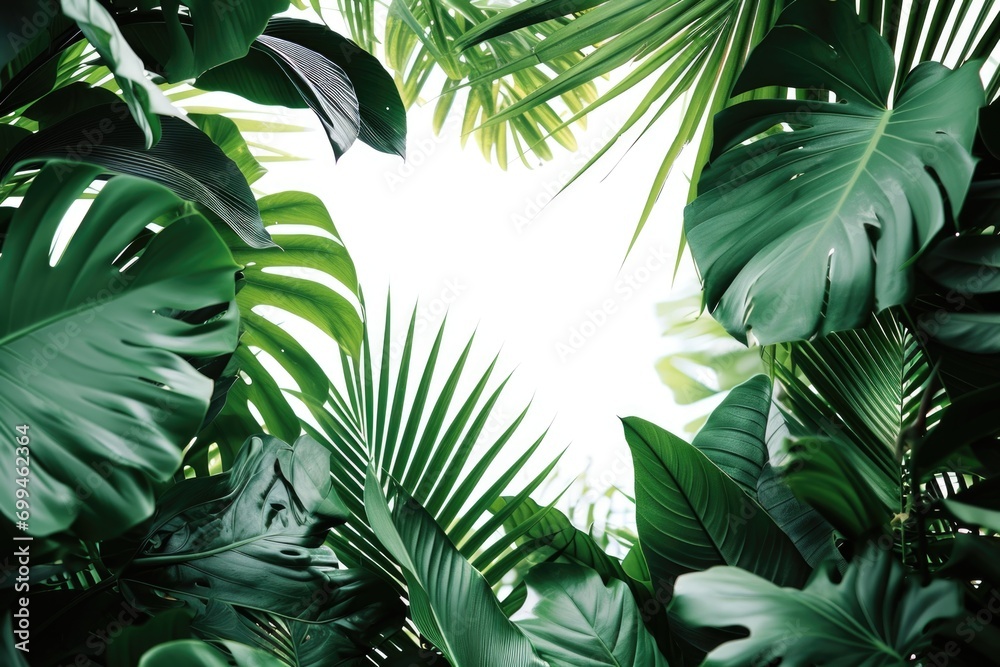 A vibrant picture of a jungle filled with lush green leaves. Perfect for nature enthusiasts and those seeking a peaceful natural setting - obrazy, fototapety, plakaty 