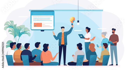Presentation with audience participation: A presenter gestures towards a screen displaying a question, with engaged audience members raising their hands with ideas.