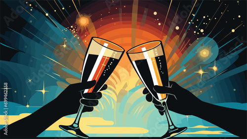 simple Vector Illustration art of "Cheers to the Future" (Two clinking champagne flutes, rendered in elegant, swirling vector lines, against a starry night sky. Title: "Toast to New Beginnings")