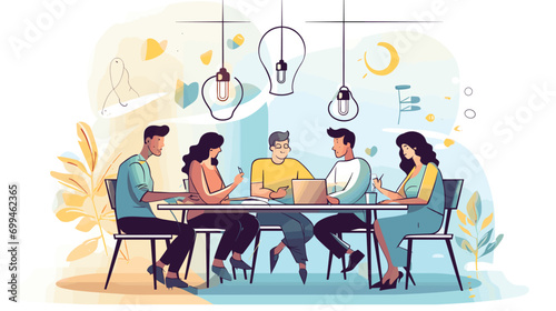 A group of professionals sitting around a table, brainstorming ideas. They could be looking at a whiteboard, sketching on paper, or simply talking to each other. The illustration could show the collab